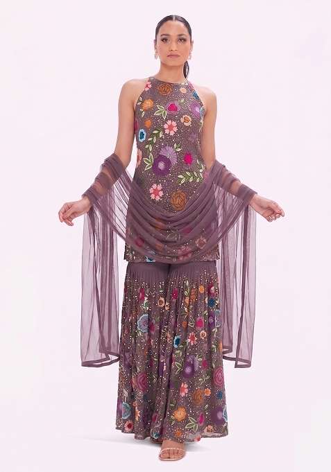 Multicolor Embroidered Georgette Sharara Set