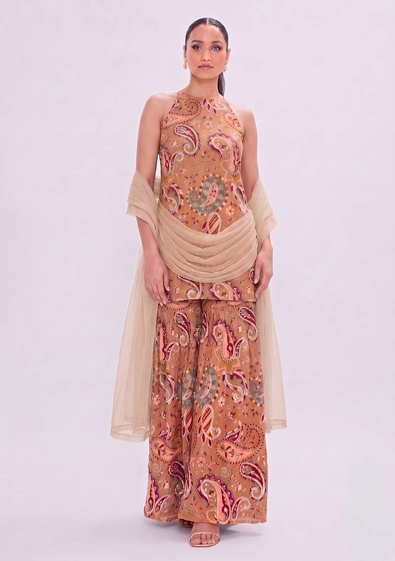 Orange Printed Crepe Sharara Set - Indya