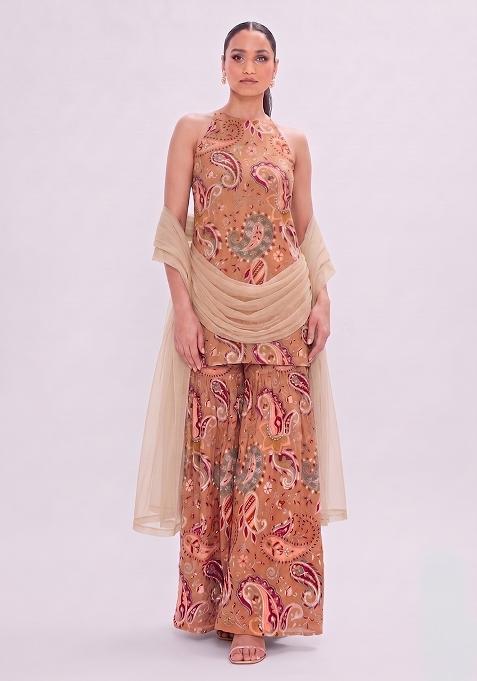 Orange Printed Crepe Sharara Set