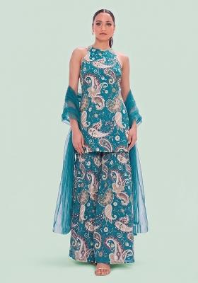 Teal Printed Crepe Sharara Set