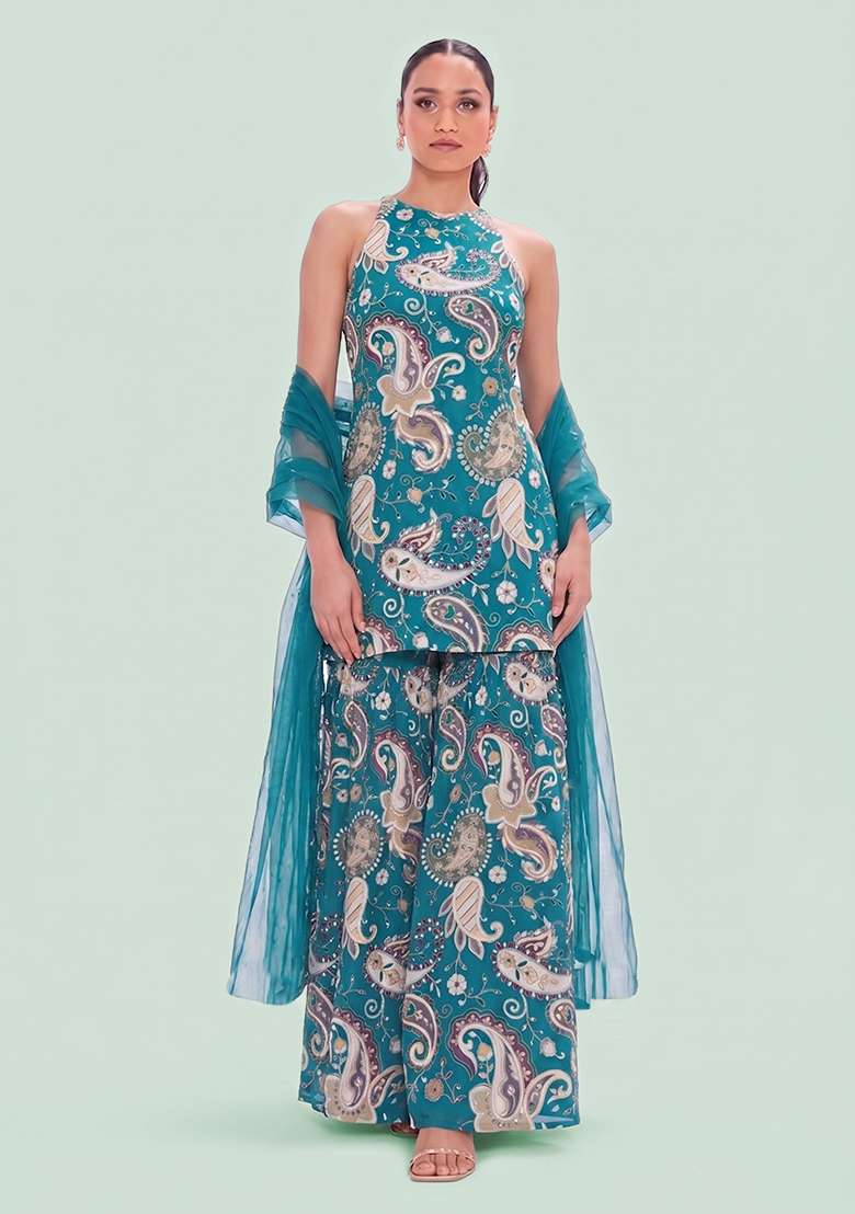 Teal Printed Crepe Sharara Set - Indya