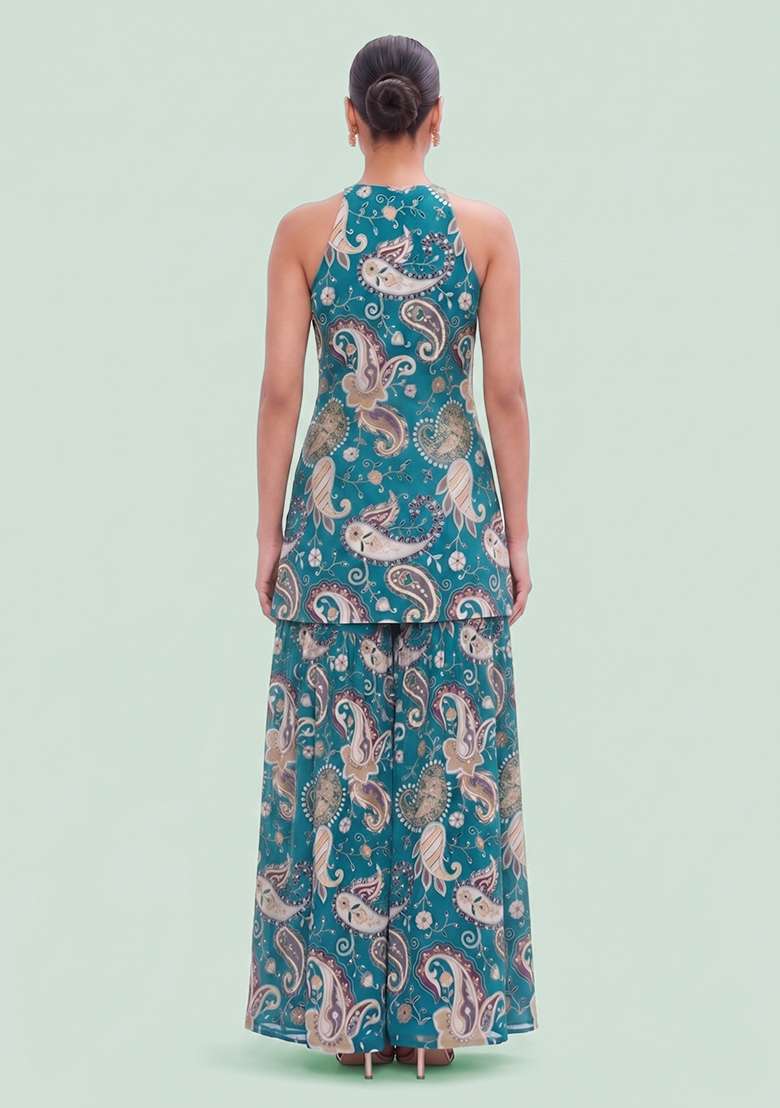 Teal Printed Crepe Sharara Set - Indya