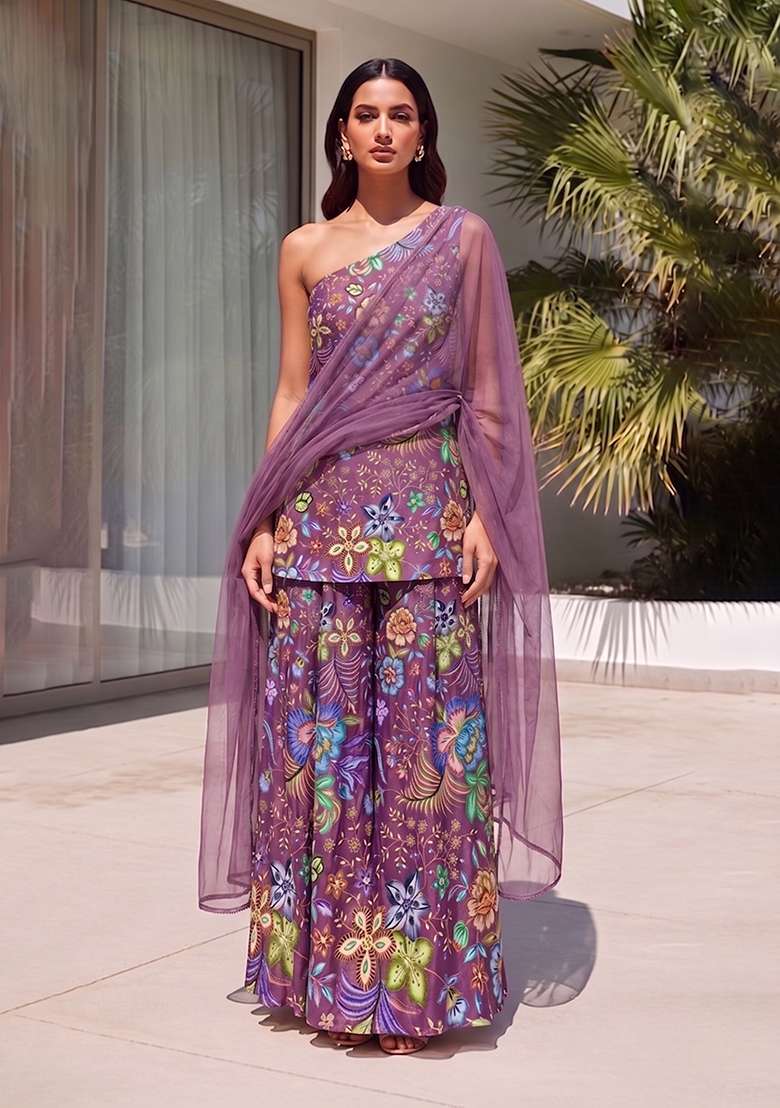Purple Printed Chinon Fusion Set - Indya