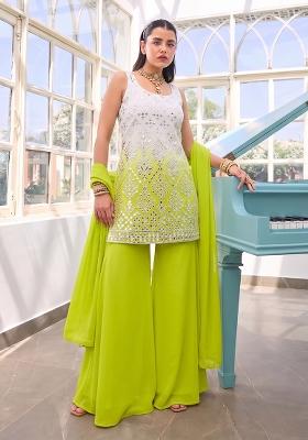Lime Green Embroidered Viscose Sharara Set