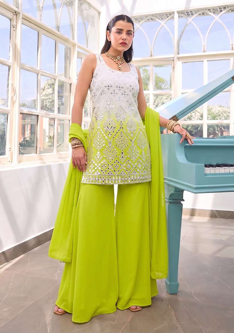 Lime Green Embroidered Viscose Sharara Set - Indya