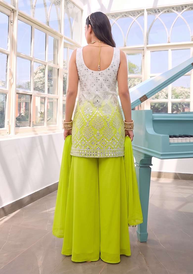 Lime Green Embroidered Viscose Sharara Set - Indya