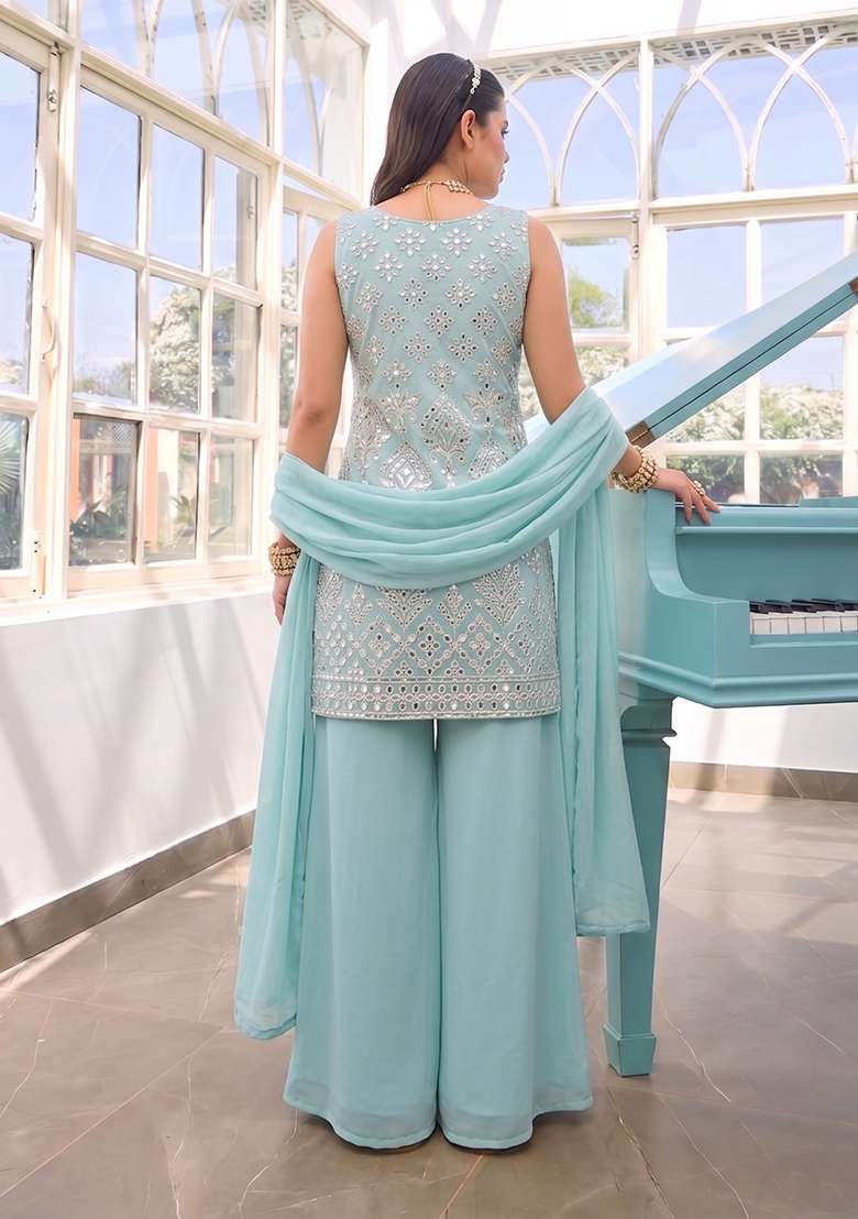 Light Blue Embroidered Viscose Sharara Set - Indya
