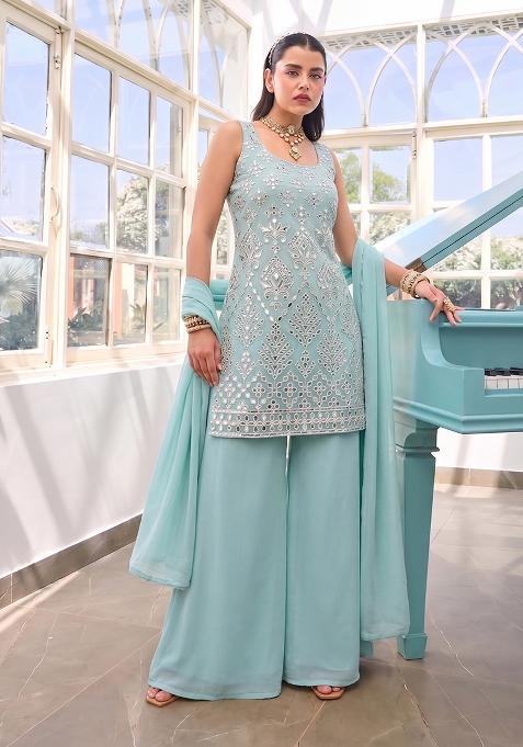 Light Blue Embroidered Viscose Sharara Set