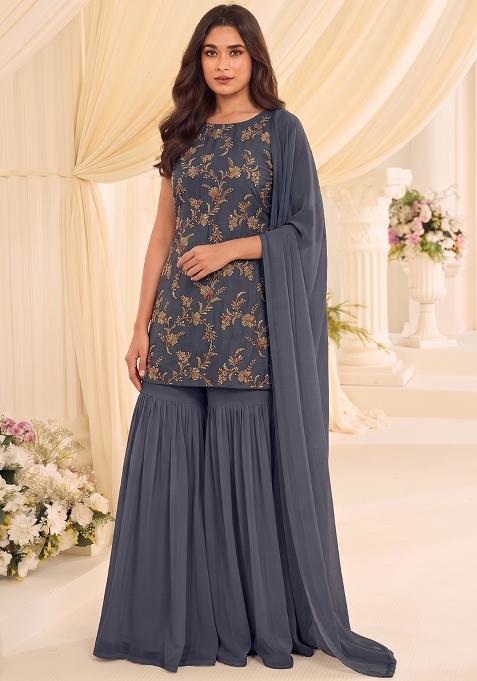 Dark Grey Embroidered Tissue Sharara Set