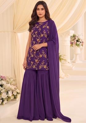 Dark Purple Embroidered Tissue Sharara Set