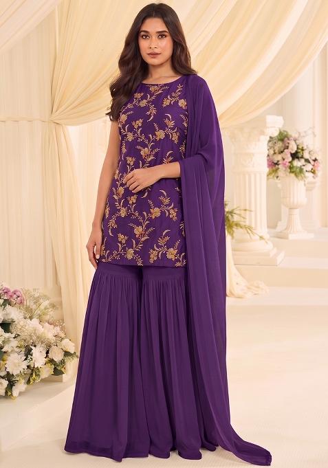 Dark Purple Embroidered Tissue Sharara Set