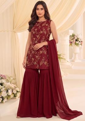 Deep Red Embroidered Tissue Sharara Set