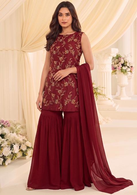 Deep Red Embroidered Tissue Sharara Set