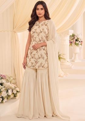 Cream Embroidered Tissue Sharara Set