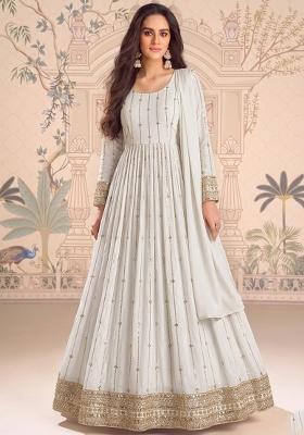 White Embroidered Crepe Anarkali With Dupatta