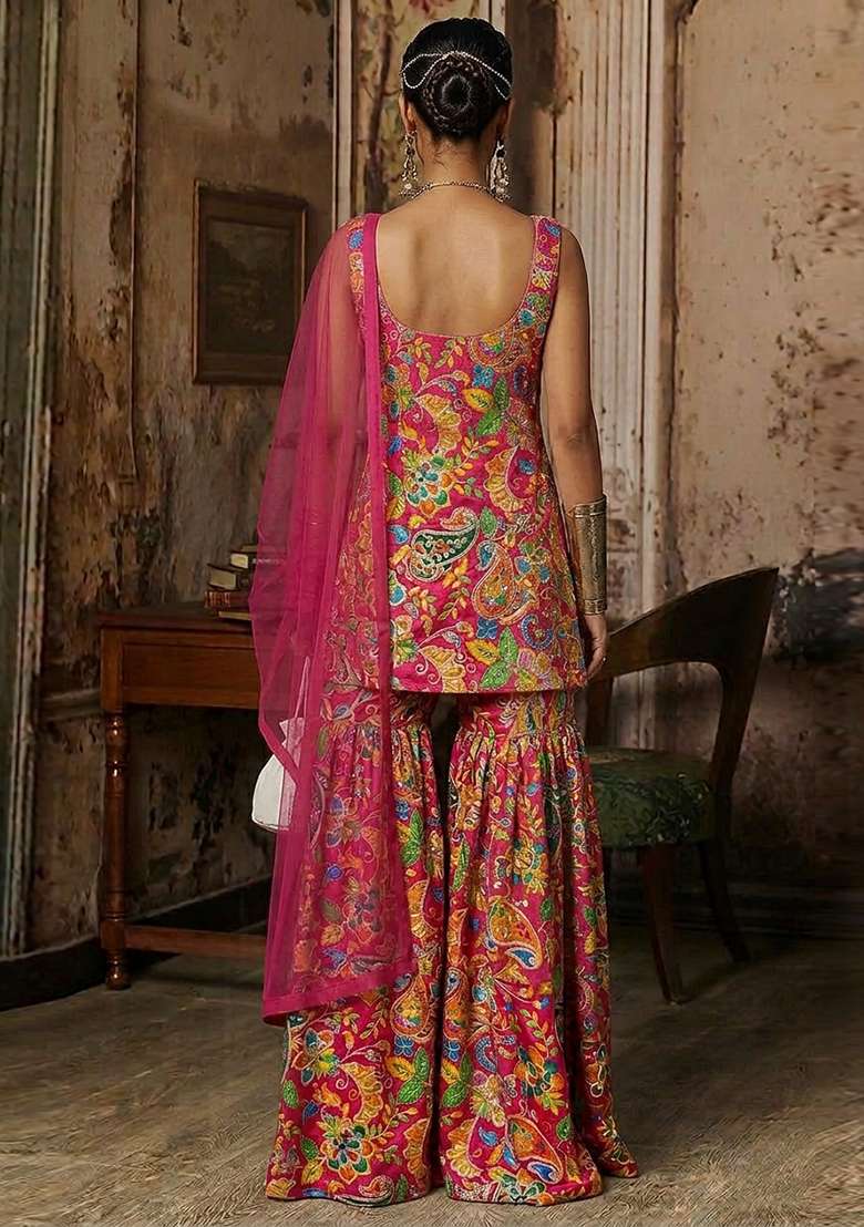 Dark Pink Printed Crepe Sharara Set - Indya