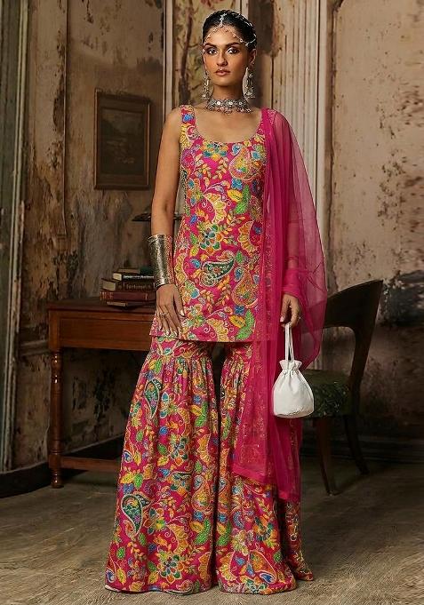Dark Pink Printed Crepe Sharara Set