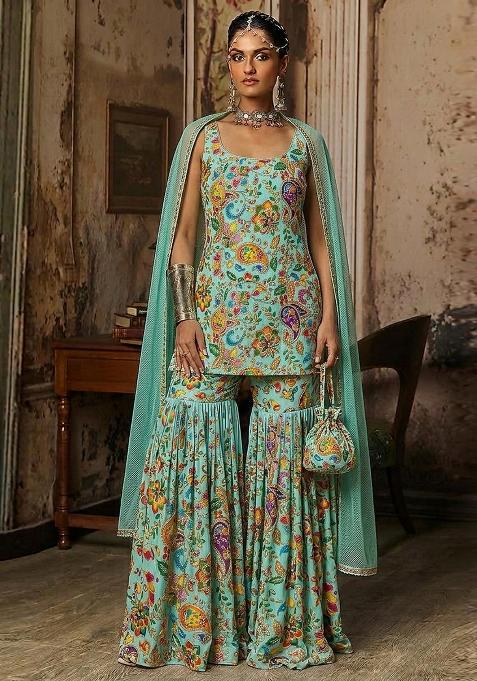 Mint Printed Crepe Sharara Set