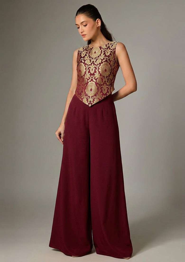 Maroon Silk Fusion Set for Diwali | Wedding & Festive Wear - Indya