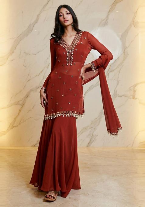 Deep Brown Embroidered Handwork Sharara Set