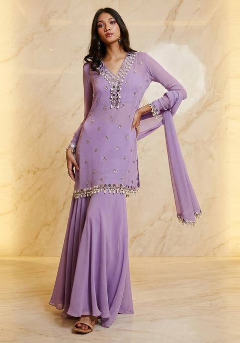 Lavender Embroidered Handwork Sharara Set