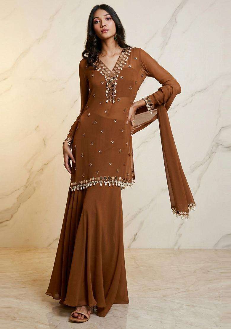 Brown Embroidered Handwork Sharara Set - Indya