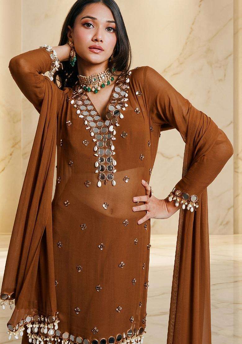 Brown Embroidered Handwork Sharara Set - Indya