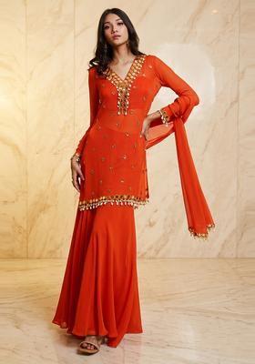 Rust Orange Embroidered Handwork Sharara Set