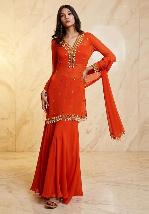 Rust Orange Embroidered Handwork Sharara Set