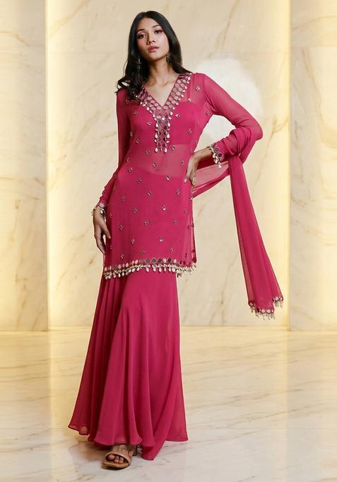 Magenta Embroidered Handwork Sharara Set