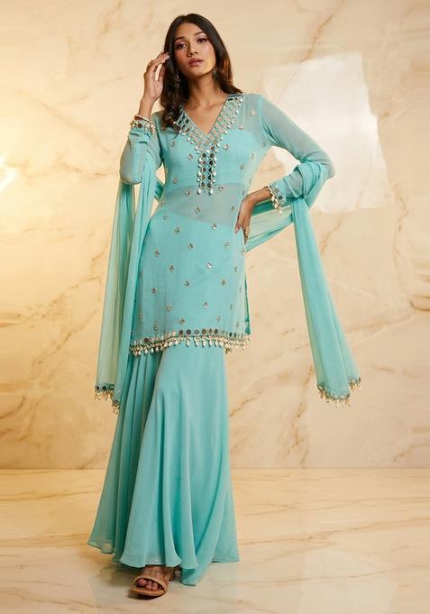 Aqua Blue Embroidered Handwork Sharara Set