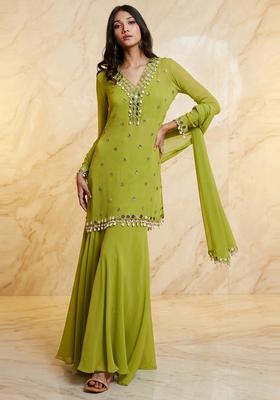 Apple Green Embroidered Handwork Sharara Set
