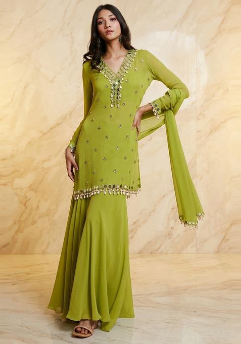 Apple Green Embroidered Handwork Sharara Set