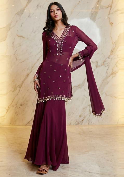 Wine Embroidered Handwork Sharara Set