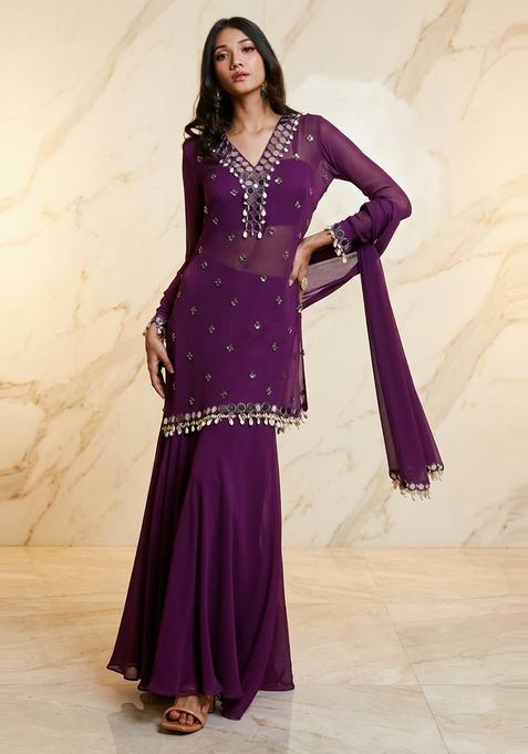 Plum Purple Embroidered Handwork Sharara Set