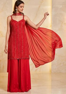 Bright Red Embroidered Handwork Kurta Set