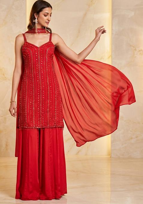 Bright Red Embroidered Handwork Kurta Set