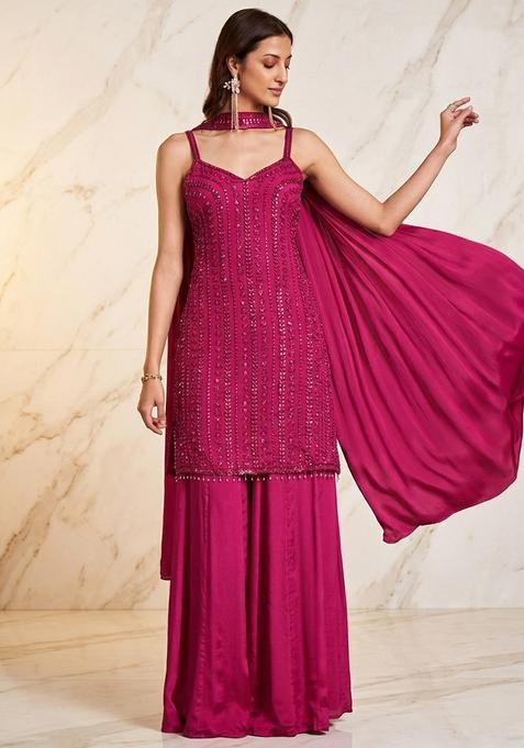 Magenta Pink Embroidered Handwork Kurta Set