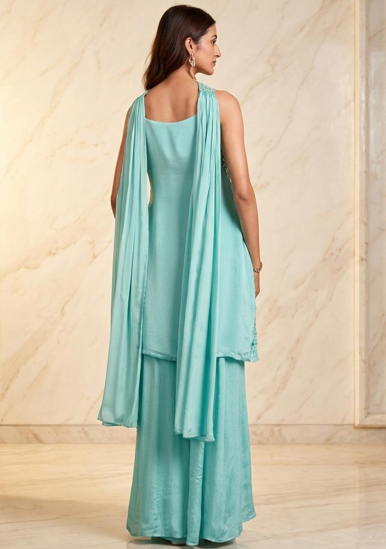 Aqua Blue Embroidered Handwork Kurta Set - Indya
