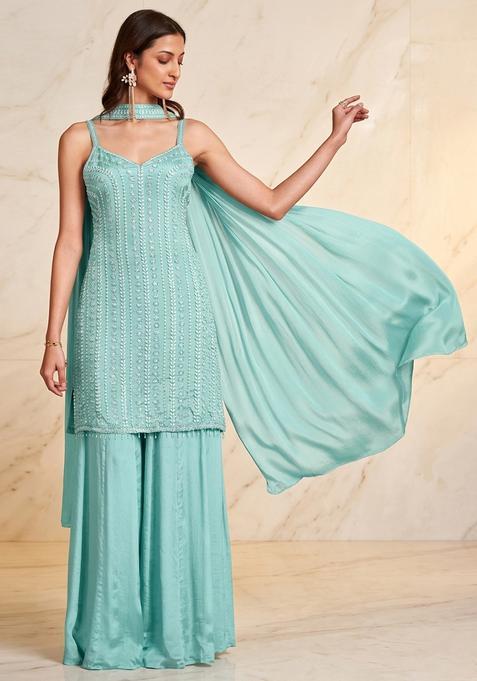 Aqua Blue Embroidered Handwork Kurta Set