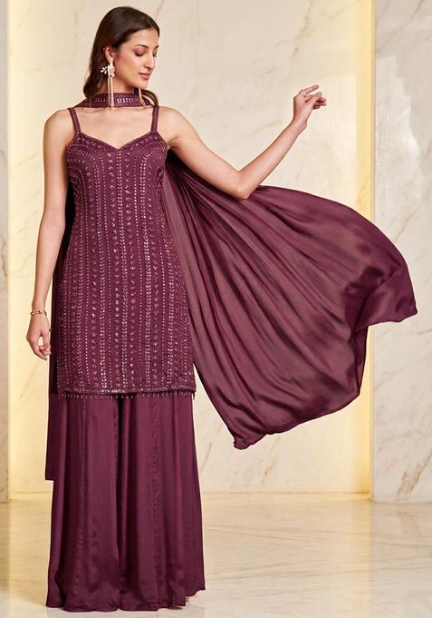 Mauve Embroidered Handwork Kurta Set