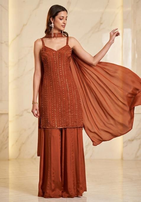 Brown Embroidered Handwork Kurta Set
