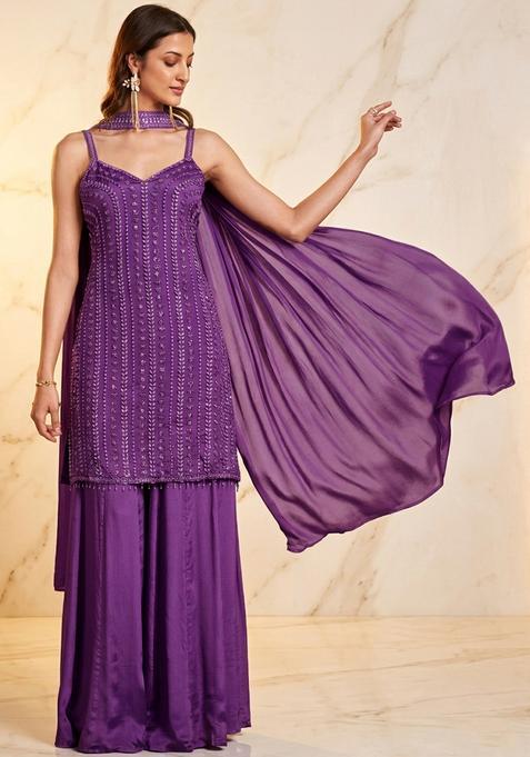 Damson Purple Embroidered Handwork Kurta Set