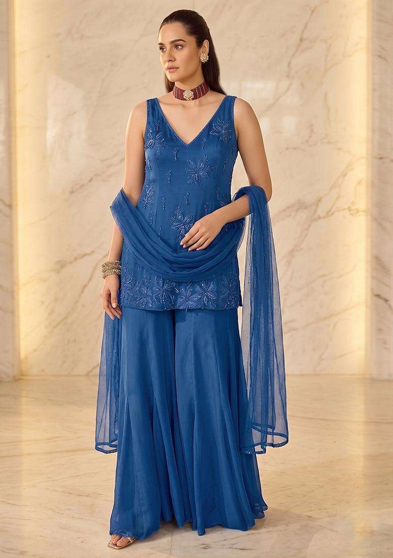 Blue Embroidered Sharara Set - Indya