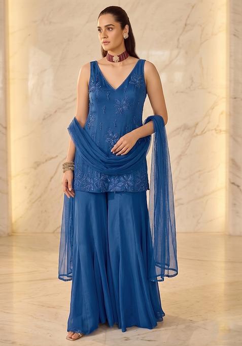 Blue Embroidered Sharara Set