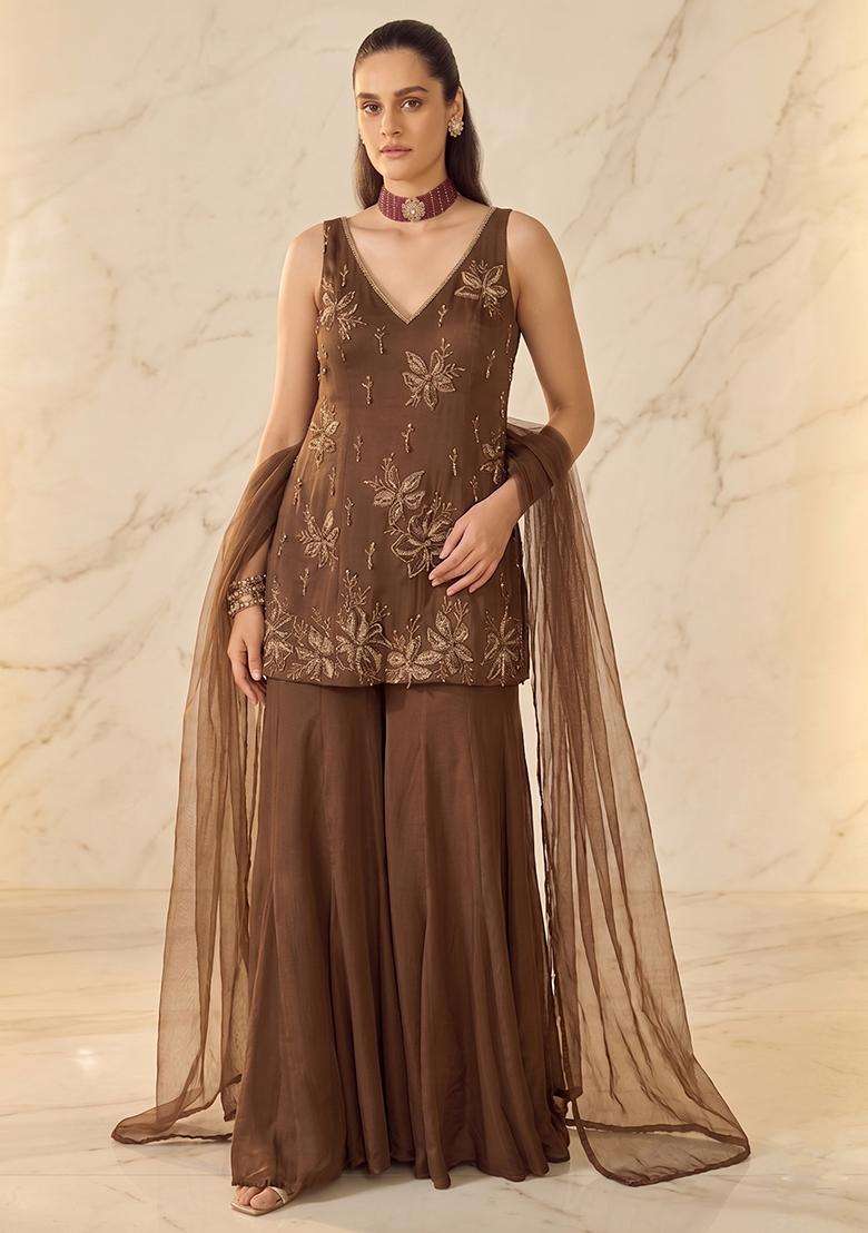 Brown Embroidered Sharara Set - Indya