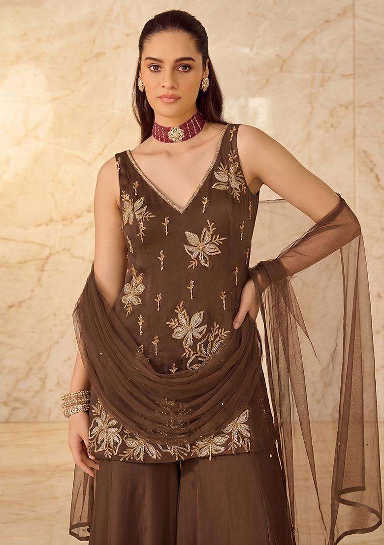 Brown Embroidered Sharara Set - Indya