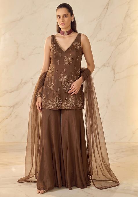 Brown Embroidered Sharara Set