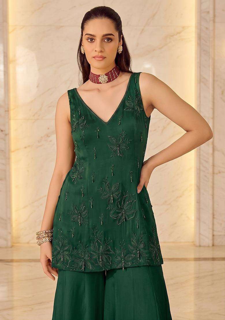 Emerald Green Embroidered Sharara Set - Indya