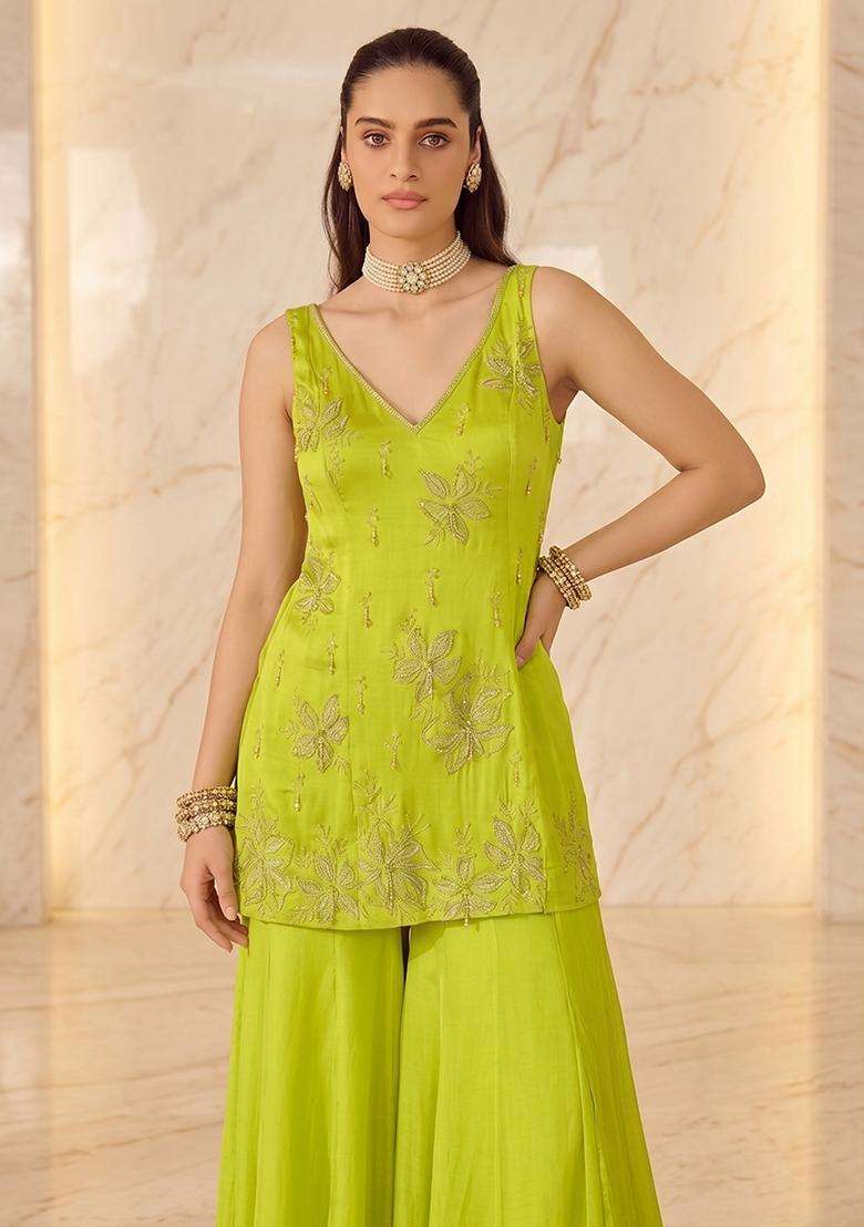 Lime Green Embellished Sharara Set - Indya